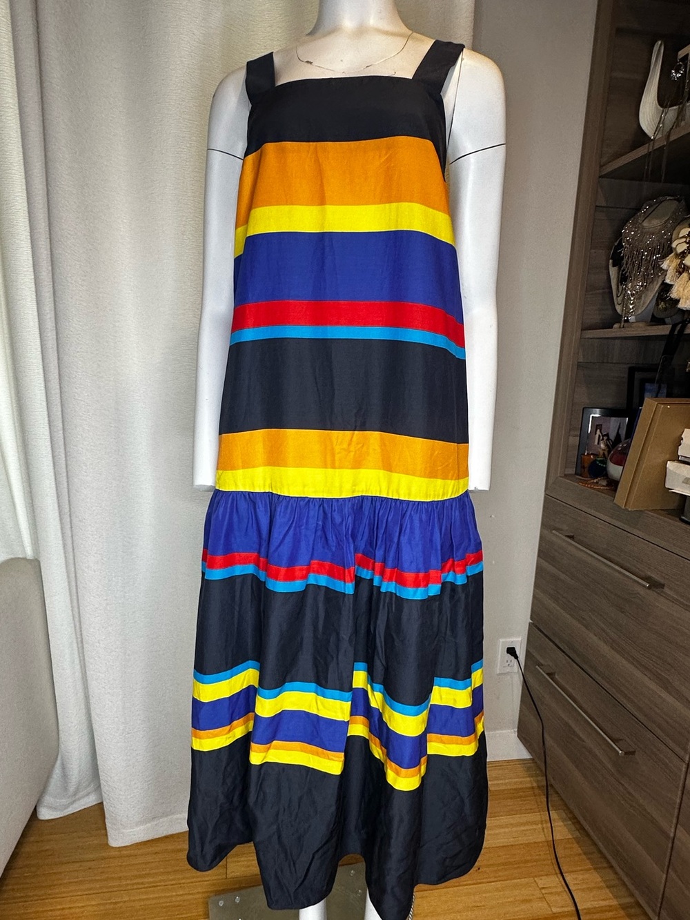 Chinti & Parker Black Maxi Skirt with Yellow, Blue and Red Stripes